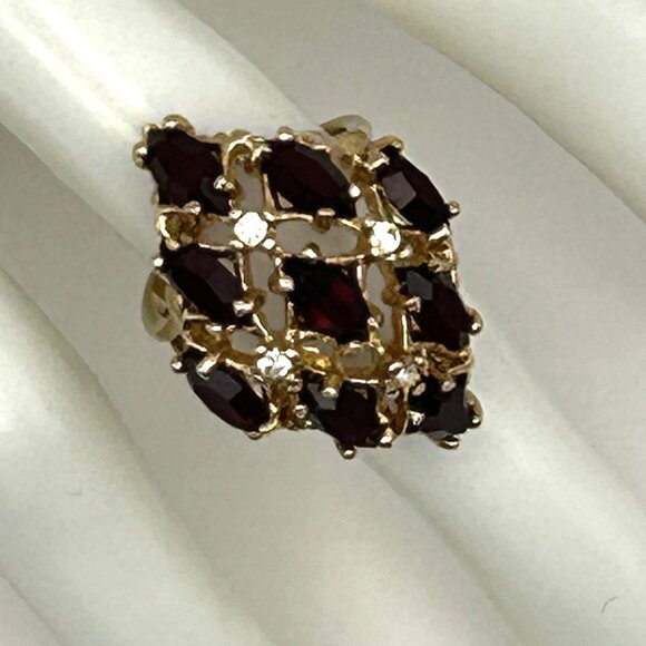 Vintage 18K HGE Red Marquise Cluster Cocktail Ring Size 6.5 - Picture 2 of 12